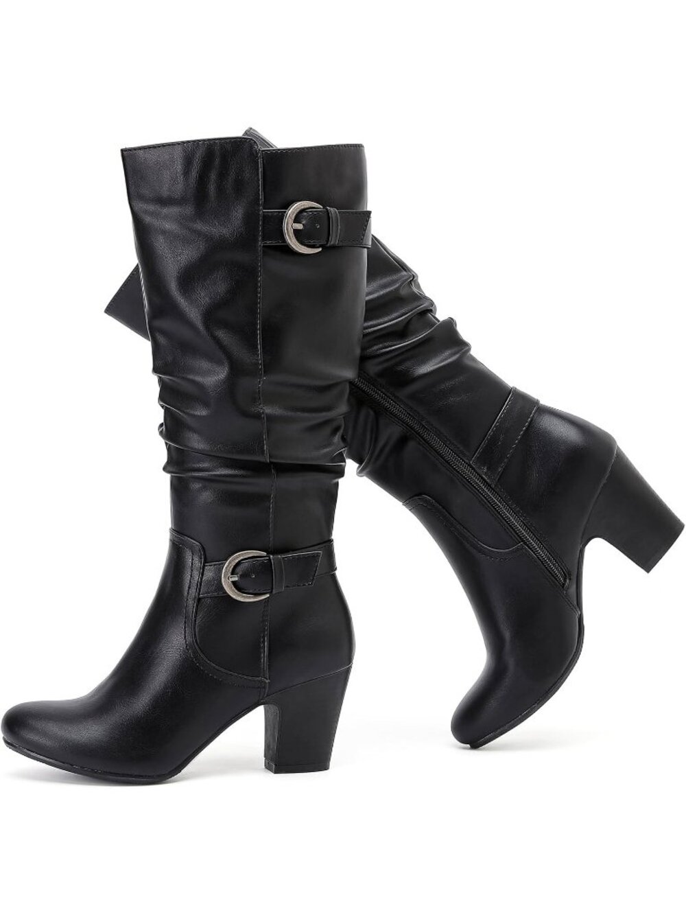 Women's Black Leather Knee High Boots Heeled Boots Chunky Heel Slouchy Round Toe